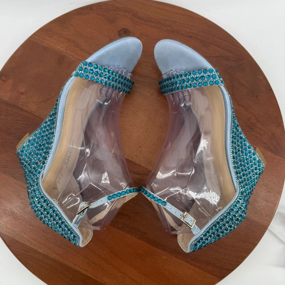 Betsey Johnson SB-DEBIE Wedge Sandals Womens Blue Rhinestone Crystal 9.5M